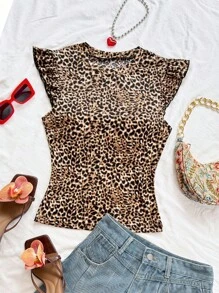 Soleia 全新休闲度假西部海滩婚礼宾客服装毕业早午餐女士圣帕特里克节春假复活节音乐节优雅波西米亚热带时尚豹纹荷叶边短袖女士 T 恤 - 彩色 - 查看 5