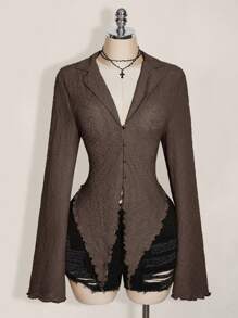 SHEIN ICON ICON PLUS Lettuce Trim Asymmetrical Hem Sheer Top Without Bra Plus Size Blouses-1891,Y2k,Fall Clothes For Women Brown Top