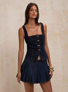 SHEIN BAE Women's Minimalist Denim Blue Casual Button Front Sleeveless Denim Vest, Fall, Old Money, Commuter Casual,Travel Airport ,Airport ,Teacher For Women,Going Out Tops Women,Work For Women,Business Casual Woman,Fall , Washed Denim Top - Medium Wash - View 6