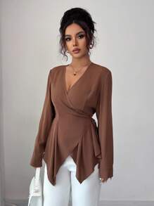 Elenzga Camisa elegante francesa de mujer con cintura ceñida y mangas largas, blusa elegante y con estilo - Café integral - Ver 5