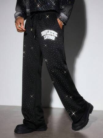 Street Life Men's Casual Sweatpants With Rhinestone Effect English Print, American Street Style Design