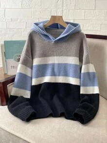 SHEIN Teenage Boys' Casual Striped Contrast Color Hooded Solid Knit Hoodie Sweater, Versatile All-Match Suitable For Commuting, School, Daily Casual, Vacation, Outdoor, College Party, Fall Autumn And Winter Clothes Color Block Sweater Striped Knit Sweater Teen Boys Sweater Hoodie Boys Hooded Sweater Boys Knit Hoodie - Multicolor - View 1
