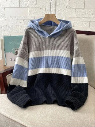 SHEIN Teenage Boys' Casual Striped Contrast Color Hooded Solid Knit Hoodie Sweater, Versatile All-Match Suitable For Commuting, School, Daily Casual, Vacation, Outdoor, College Party, Fall Autumn And Winter Clothes Color Block Sweater Striped Knit Sweater Teen Boys Sweater Hoodie Boys Hooded Sweater Boys Knit Hoodie