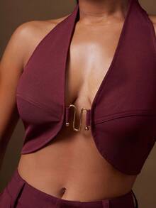 Denimoi Open Front Cropped Halter Top With Gold Hardware Detail, Date Night GNO Dinner - Burgundy - View 2