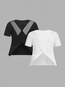 Easithlete Bộ áo thun tay ngắn 2 món cổ chữ V bằng lưới vá họa tiết vải xuân/hè dành cho nữ, trang phục thể thao thường ngày, quần vợt, cỡ lớn - Đen và trắng - Xem 2