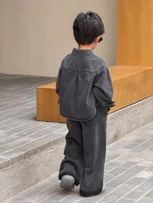 SHEIN 2件套小男孩灰色牛仔翻领长袖衬衫和宽松长裤套装