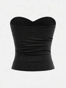 Tween Girl 休闲修身褶饰弹性针织纯色罗纹短款无袖背心，灰色 - 黑色 - 查看 3