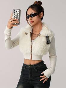 SHEIN ICON Women's Fashion Street Style Zip-Up Buckle Detail Cropped Faux Fur Jacket, Autumn/Winter - Apricot - View 8