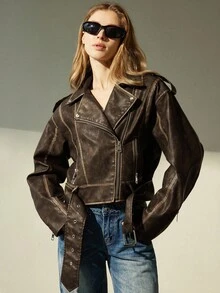 Aveloria Modichic Áo khoác da PU thông thường thiết kế chất lượng cao mới, áo khoác cổ khóa kéo thanh lịch đa năng thời trang dành cho nữ - màu nâu - Xem 2