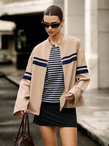Hanevo 女士休闲时尚街头撞色条纹印花宽松版型夹克，春秋 - 卡其色 - 查看 6