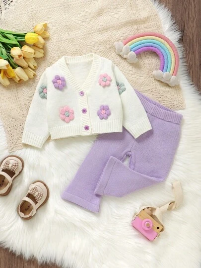 SHEIN 2 件套幼儿女童甜美针织套装 - 花卉 3D 装饰毛衣外套 + 时尚喇叭裤