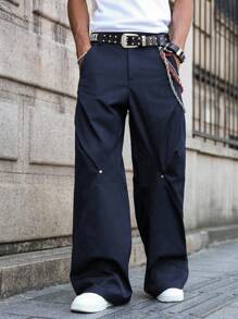 PAVTROS 男士休闲宽松斜口袋阔腿裤，秋季 - 藏蓝色 - 查看 4