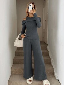 Easowa 2pcs Women Cutout Shoulder Long Sleeve Top And Wide Leg Pants Set, Comfortable Casual Loose Elegant Commuter Outfit Knit Two Piece Set Comfortable Two Piece Set Long Sleeve Jumpsuits For Women Off The Shoulder Two Piece Set