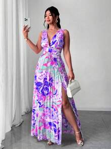 Elenzga Robe d'été élégante à col V sans manches, imprimé floral, plissée avec fente à la taille, pour les grandes tailles