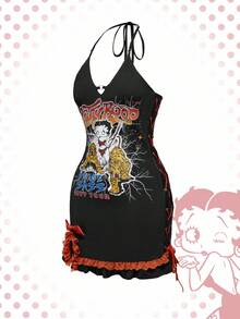 Betty Boop | ROMWE Y2K 老虎与卡通人物图案迷你连衣裙 - 黑色 - 查看 3