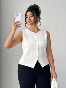 Elenzga Áo len không tay cổ chữ V màu trơn cỡ lớn cài nút phía trước - trắng - Xem 1