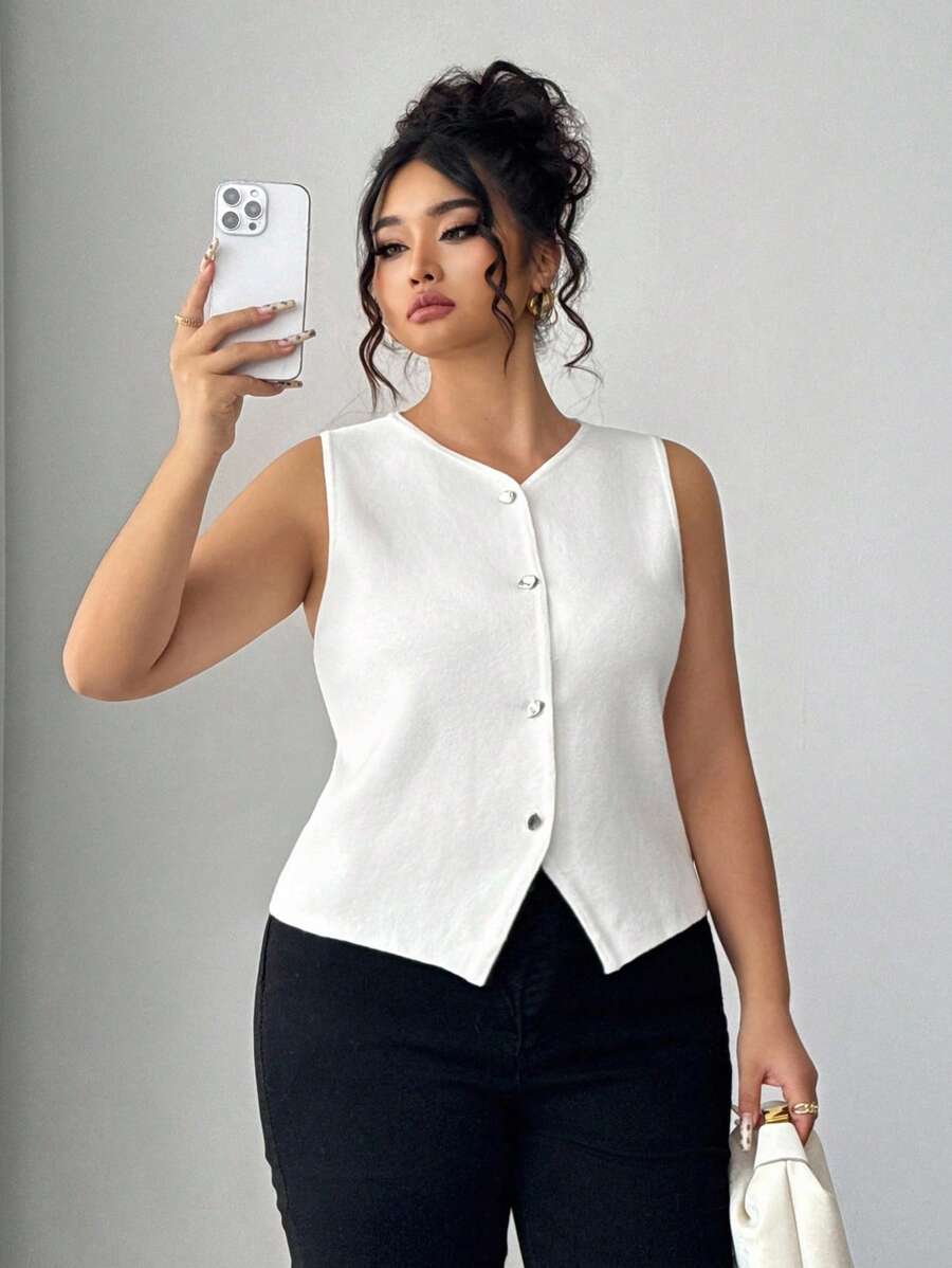 Elenzga Áo len không tay cổ chữ V màu trơn cỡ lớn cài nút phía trước - trắng - Xem 1