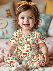 SHEIN Happikins Cute Cartoon Animal, Plant, Floral Print Beige Baby Girl Casual Minimalist Snug Fit Round Neck Short Sleeve Pants Pajamas, Suitable For Summer - Multicolor - View 2