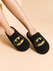 BATMAN X SHEIN 时尚金色刺绣男女防滑室内拖鞋柔软毛绒保暖冬季家居鞋耐用鞋底黑色，居家卧室空调房春秋季男女通用 - 黑色 - 查看 9