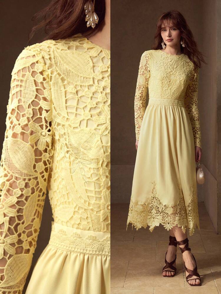 GUIPURE LACE PANEL ZIPPER BACK FLARE HEM DRESS