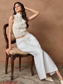 SHEIN Unity Elegant Romantic Fashion V-Neck Studded Ruched Fitted Bodycon Slit Hem Skirt, Fairy Skirt - White - View 6