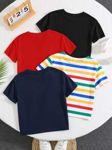 SHEIN 3+1 4 buc/set tricou bebeluși băieți/fete, confortabil, versatil, casual, cu dungi, mânecă scurtă, cu buzunar, potrivit pentru interior, exterior, zi de zi, sport, joacă, petrecere, fotografie, vacanță, primăvară/vară tricou bebeluși băieți tricou cu dungi tricou bebeluși băieți tricou de vară bebeluși băieți - Multicolor - Vizualizare 2