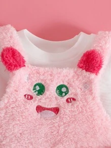 SHEIN 2pcs Baby Girls Casual Cute Round Neck Long Sleeve T-Shirt And Bib Overalls With Embroidery Plush Pants Set, Autumn/Winter - Multicolor - View 5