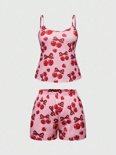 ROMWE Kawaii 大码樱桃蝴蝶结装饰吊带背心和短裤睡衣套装，休闲家居服