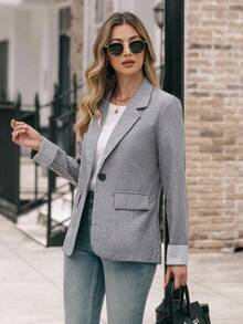 EMERY ROSE Gray Striped Lapel Collar Long Sleeve Women's Blazer Jacket - Grey - View 6
