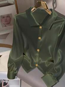 GlowEve Women's Solid Color Front Button Elegant Office Long Sleeve Shirt Fall Cloth For Women