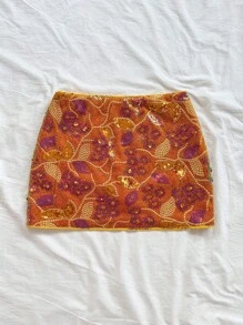 Soleia WYWH 度假浪漫派对复古西式橙色闪光刺绣低腰高开衩迷你裙女士 - 橘色 - 查看 3