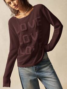 Bohemela Women's Letter Pattern Round Neck Dropped Shoulder Long Sleeve Loose Casual Sweater Women Sweaters Fall Sweaters,Brown Sweater - Coffee Brown - View 4