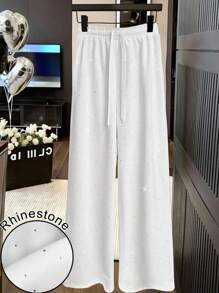 Hanevo Quần nỉ ống đứng cạp cao có dây rút đính đá thời trang dành cho nữ - trắng - Xem 3