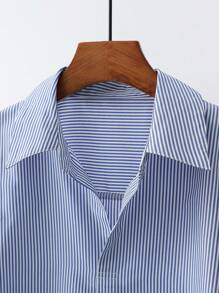 Franclia Fashionable High-End French Design Loose Batwing Sleeve Striped Collar Women Shirt Clothes For University Blue And White Striped Shirt Loose Shirt Blue Striped Shirt Baggy Shirt Oversized Shirt - Blue and White - View 6