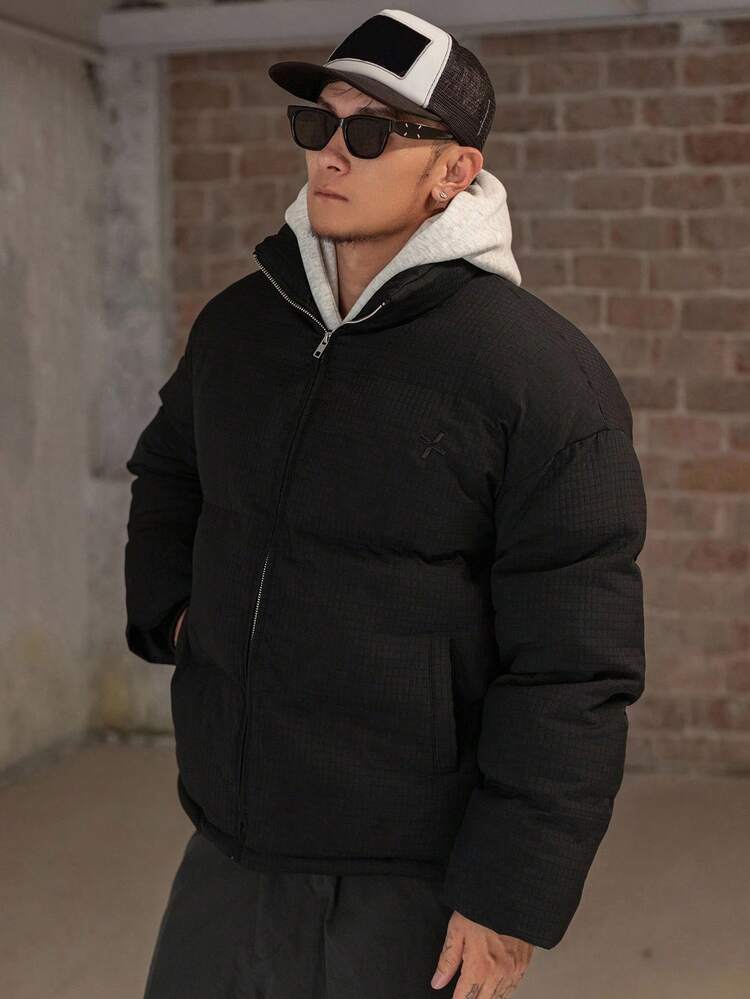 Textured Fabric Embroidered Pattern Thickened Stand Collar Men's Padded Coat, Winter