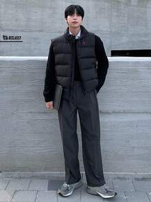 DAZY 男士冬季刺绣图案黑色保暖背心夹克 - 黑色 - 查看 10