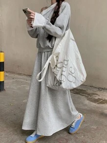 DAZY 女士不对称领长袖卫衣半裙两件套，秋冬款 - 深灰色 - 查看 2