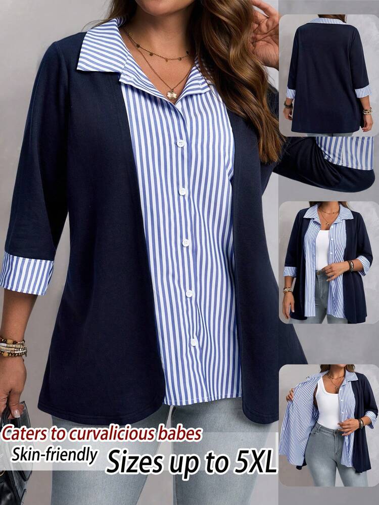 Plus Size Women Casual Contrast Color Stripe Print 3/4 Sleeve Loose Blue Striped Shirt, Navy Blue Business Casual Top, Preppy Top Fall,Back To School,Teacher,Country,Spring