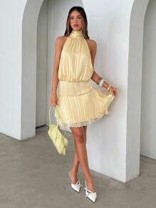 Aloruh Váy ngắn màu vàng thanh lịch gợi cảm thời trang dành cho nữ - Màu vàng - Xem 5