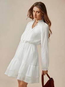 Florisole Vestido elegante de mujer con dobladillo con volantes, textura romántica de lunares blancos, adorno de encaje multicapa, vestido con cuello en V y cinturón en la cintura, otoño - Albaricoque - Ver 7