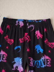 GODZILLAxKONG X SHEIN 2 pièces Ensemble de pyjama casual confortable avec Top à manches longues col rond et pantalon avec motif monstre jeune garçon