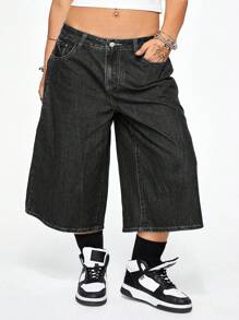 ROMWE Grunge Punk Spring/Summer Plus Size Vintage Street Style Back Pocket Floral Embroidery Pattern Loose Denim Capri Low Waist Shorts - Black - View 4