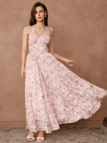 SHEIN Unity Romantic Elegant Floral Print Waist Cinched Off-The-Shoulder Dress, Suitable For Wedding Guest, Fairy Dress - Pink - View 5