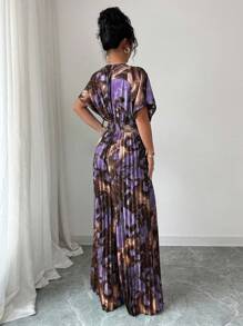 Elenzga 女式夏季度假风格全印花V领蝙蝠袖褶皱阔腿连体裤