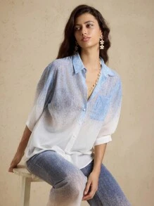 Briarwyn 女士四季服装 Old Money Style 女士休闲通勤渐变色拼色透视口袋衬衫，春夏季，返校季，女士纽扣衬衫，保暖 - 藍色 - 查看 8