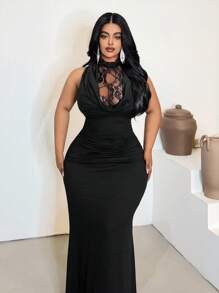 Maweii 2025 Damen Große Größen Elegantes, sexy Kleid mit tiefem Ausschnitt, ärmellos, einfarbig, figurbetonter Fischschwanz-Schnitt, vielseitig für Party, Date, Anlässe - Schwarz - Übersicht 3