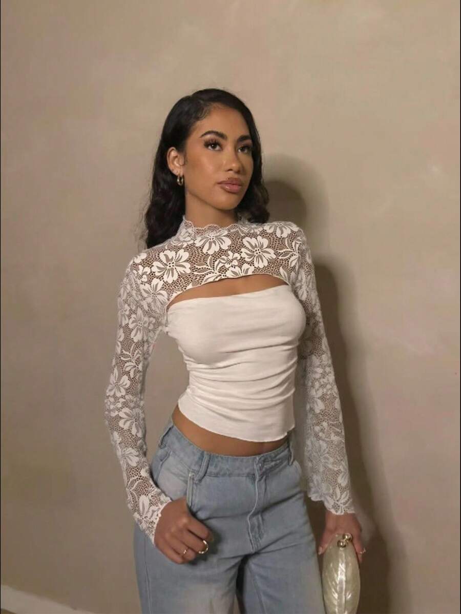 Glamine Spitze bestickte Bluse mit Glockenärmeln und Stehkragen für Frauen - Weiss - Übersicht 1