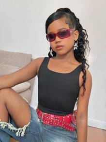 SHEIN Tween Girl 扭纹后背镂空 U 领休闲运动背心 - 黑色 - 查看 2
