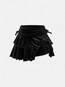 SHEIN Tween Girl Street 休闲黑色天鹅绒纯色抽绳腰部褶皱半身裙 - 黑色 - 查看 2