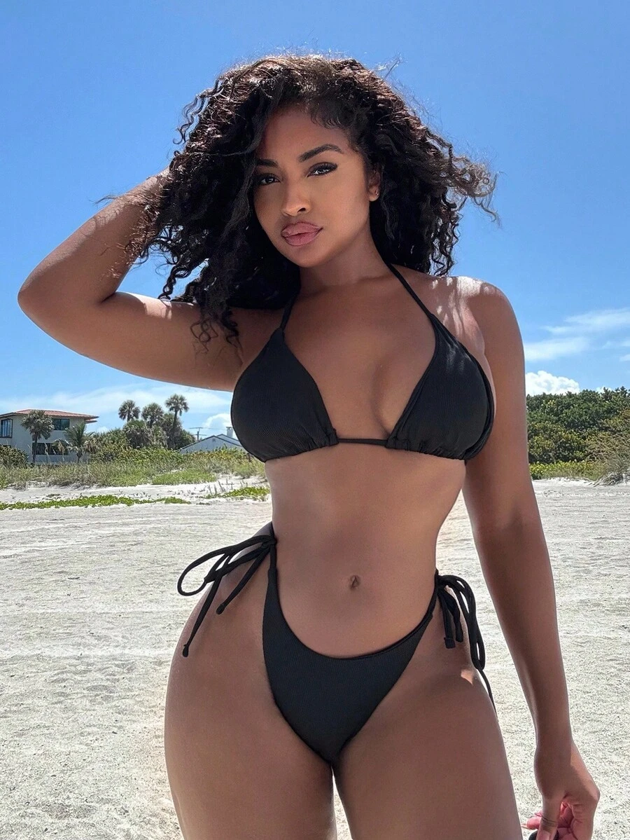 Alexandranx Summer Beach Mono Bikini Set Halter Triangle Bra & Tie Side Bottom 2 Pieces Bikini - Black - View 1